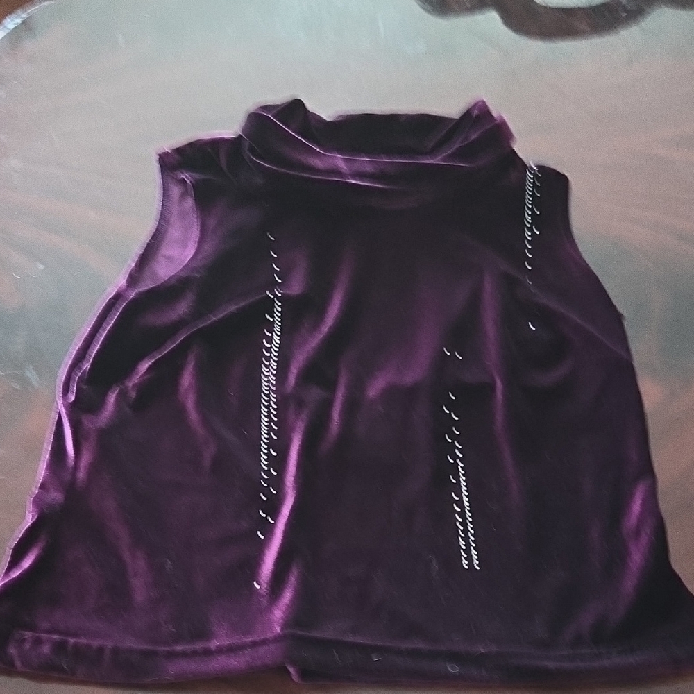 Sale, 3 For $40 Sleeveless Velvet Mock Neck Tank Top in Plum with Stud Detail